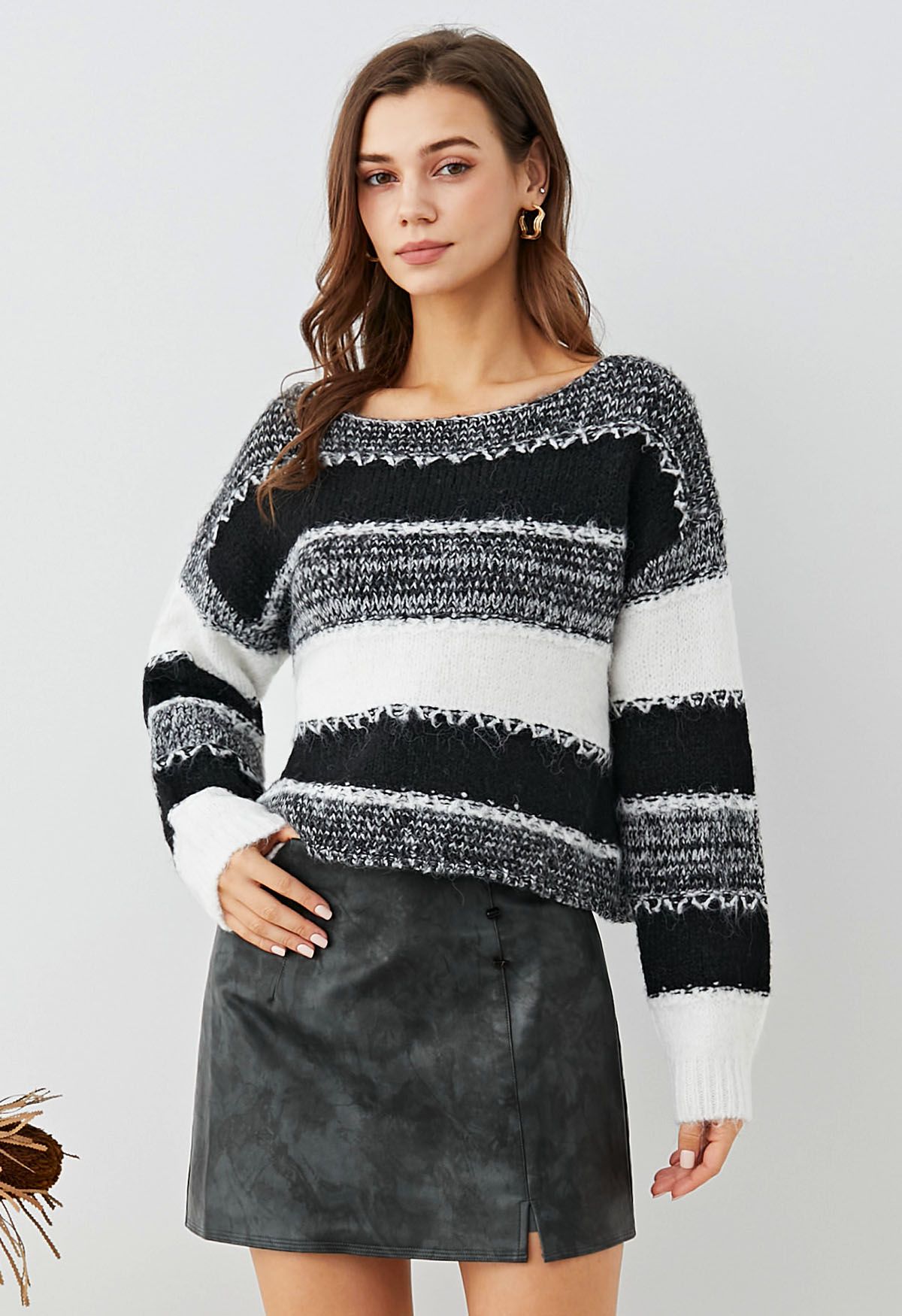 Fair Isle Stripe Cropped Knit Sweater in Black