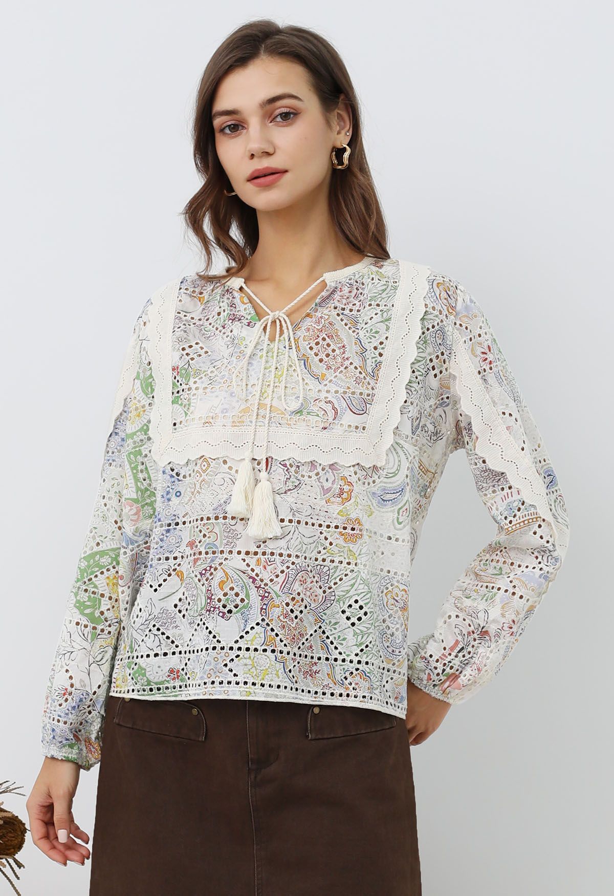 Colorful Garden Eyelet Embroidery Peasant Top