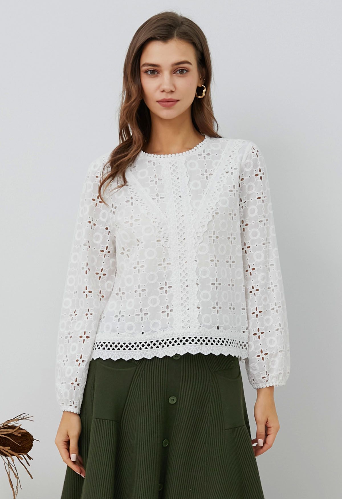 Intricate Petals Eyelet Embroidery Cotton Top in White