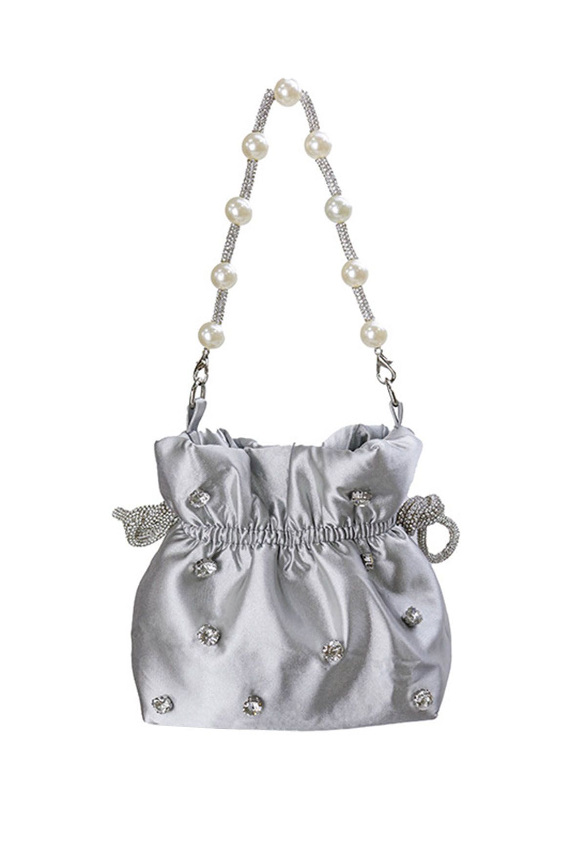 Rhinestone Decor Drawstring Shoulder Bag in Grey