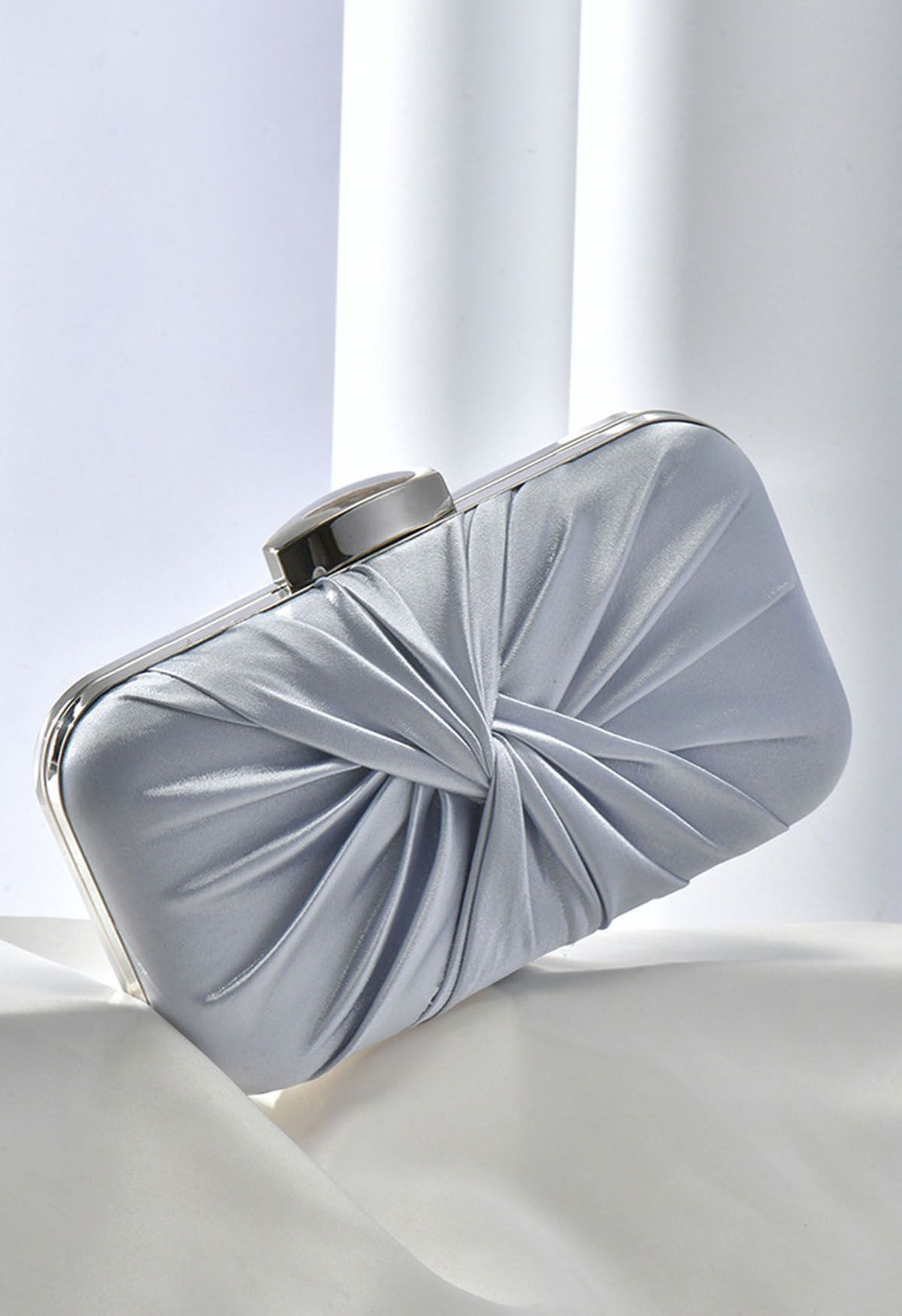 Ruched Knotted Satin Clutch in Silver