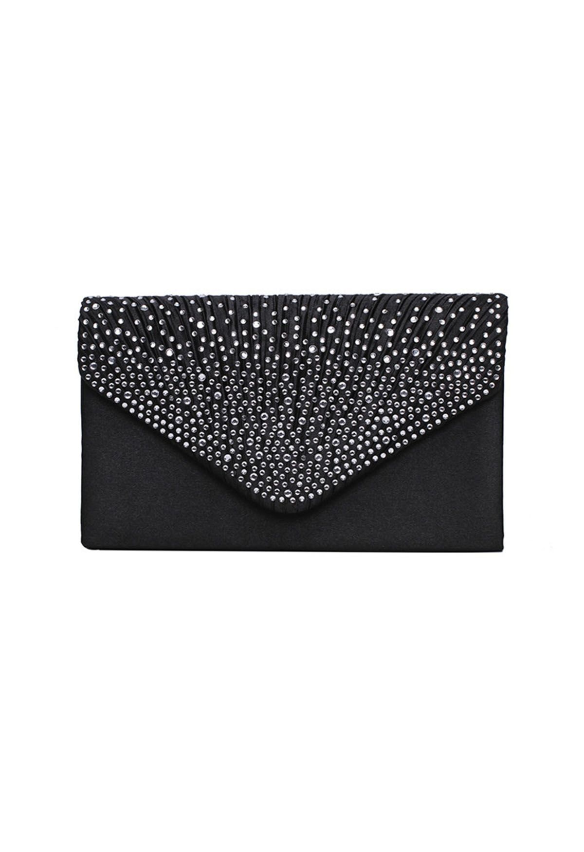 Rhinestone Embellished Satin Envelope Bag in Black