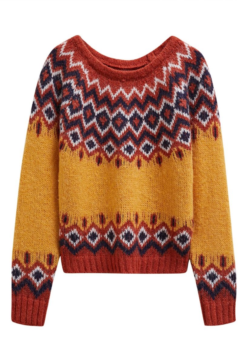 Nordic Charm Fair Isle Knit Sweater in Orange