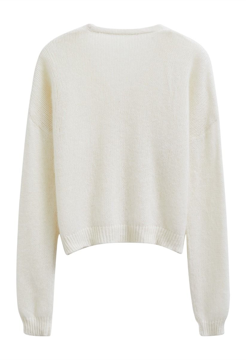 Solid Color Pearly Button Knit Cardigan in Cream