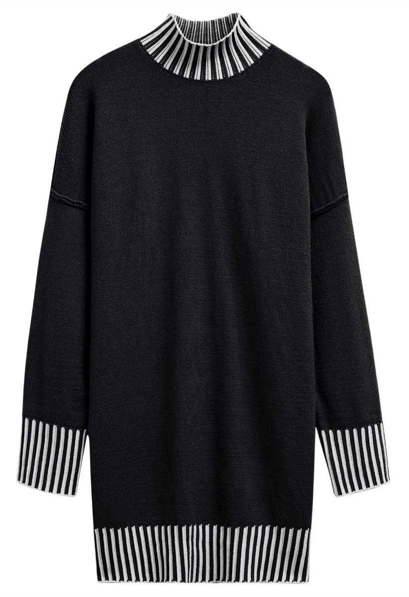 Contrast Stripe Mock Neck Knit Sweater Dress in Black