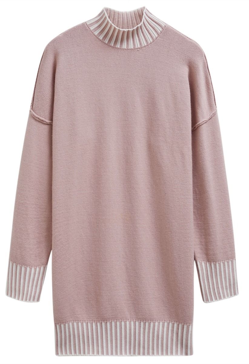 Contrast Stripe Mock Neck Knit Sweater Dress in Dusty Pink