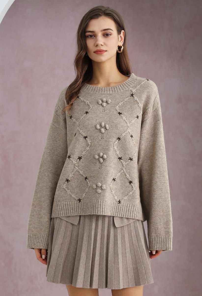 Floral Diamond Pom-Pom Ribbed Knit Sweater in Taupe