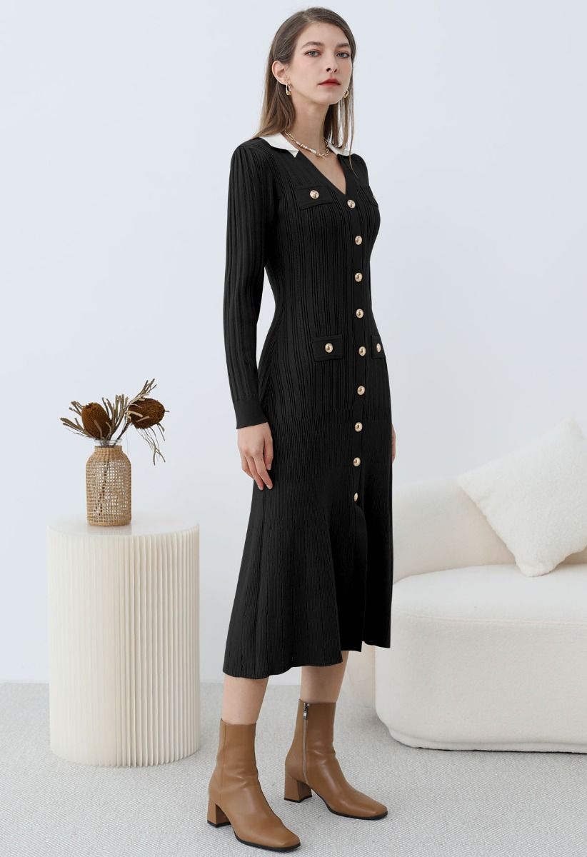 Attractive Stud Button V-Neck Collared Midi Dress in Black