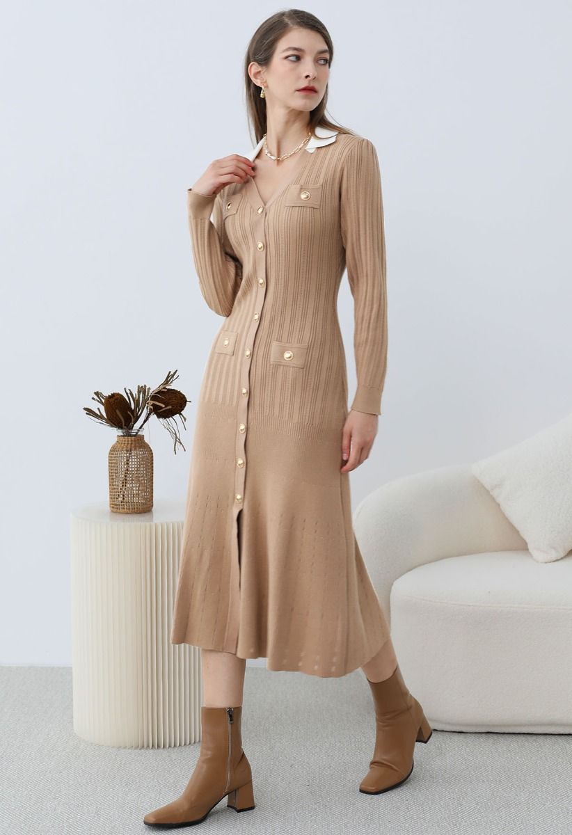 Attractive Stud Button V-Neck Collared Midi Dress in Tan