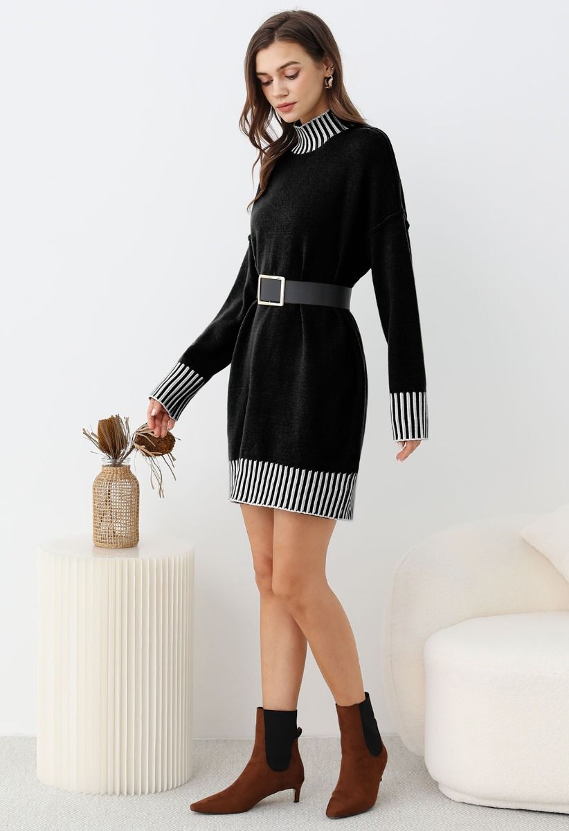 Contrast Stripe Mock Neck Knit Sweater Dress in Black