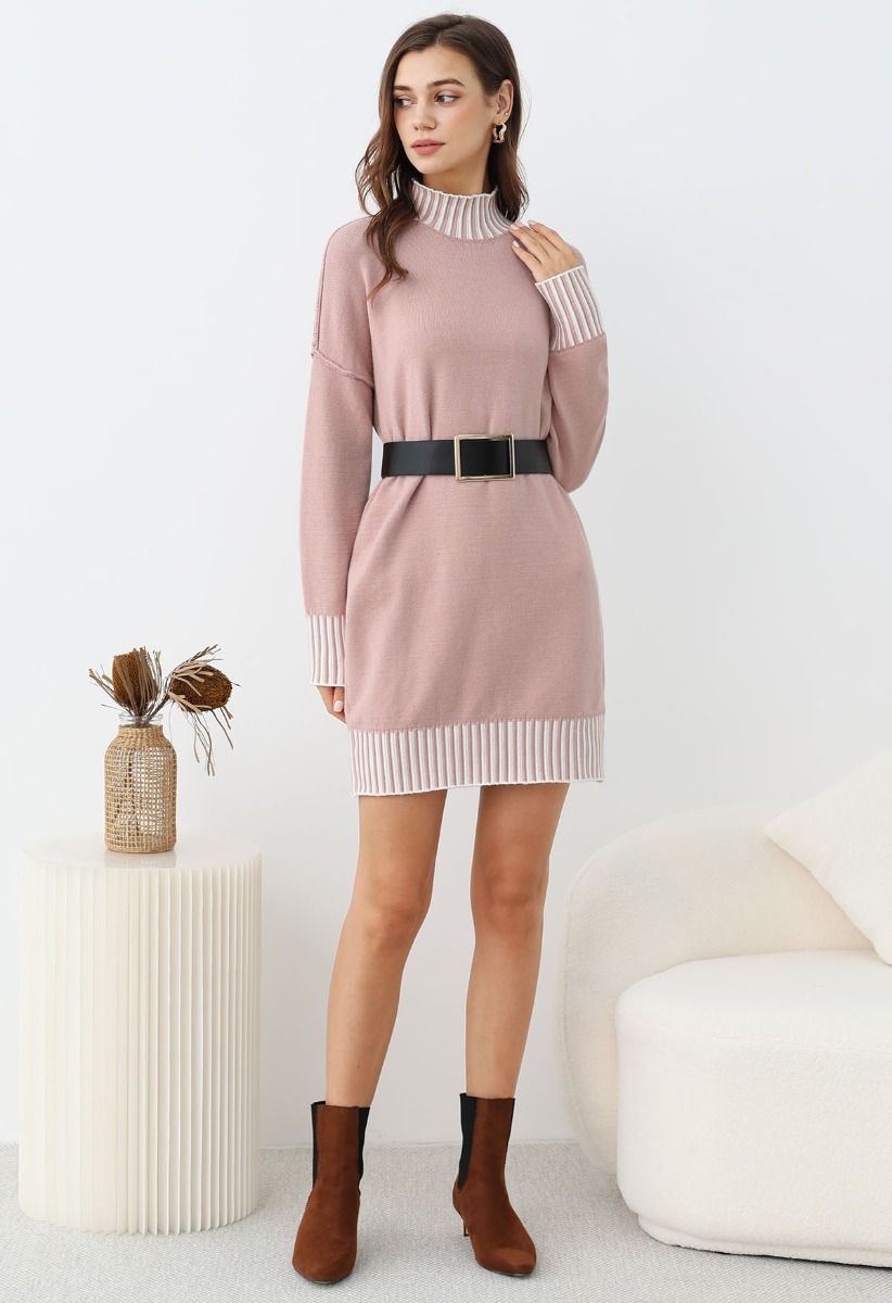 Contrast Stripe Mock Neck Knit Sweater Dress in Dusty Pink