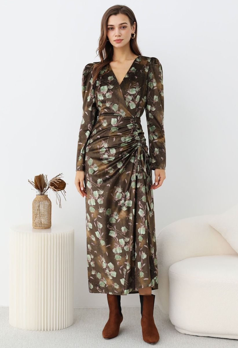 Rosy Elegance Drawstring Wrapped Velvet Maxi Dress in Green