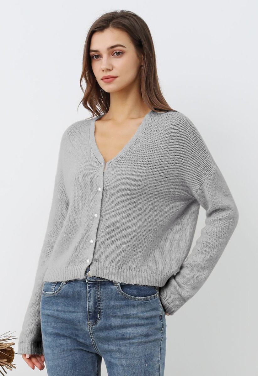 Solid Color Pearly Button Knit Cardigan in Grey