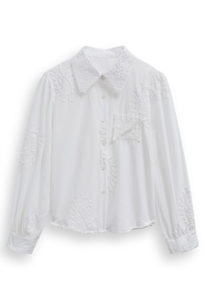 Paisley-Inspired Floral Embroidery Button-Up Shirt in White