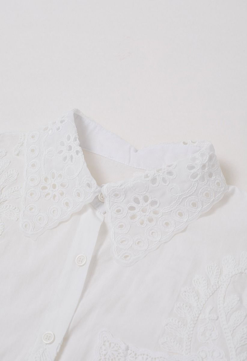 Paisley-Inspired Floral Embroidery Button-Up Shirt in White