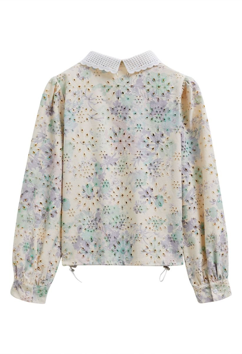 Rose Printed Eyelet Embroidered Patch Pocket Denim Shirt