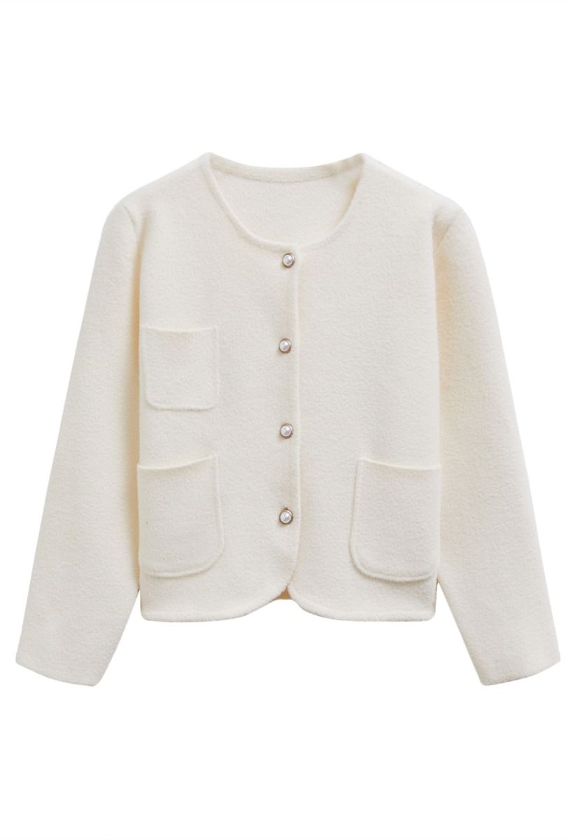 Sweetly Patch Pocket Pearly Button Knit Cardigan in Cream