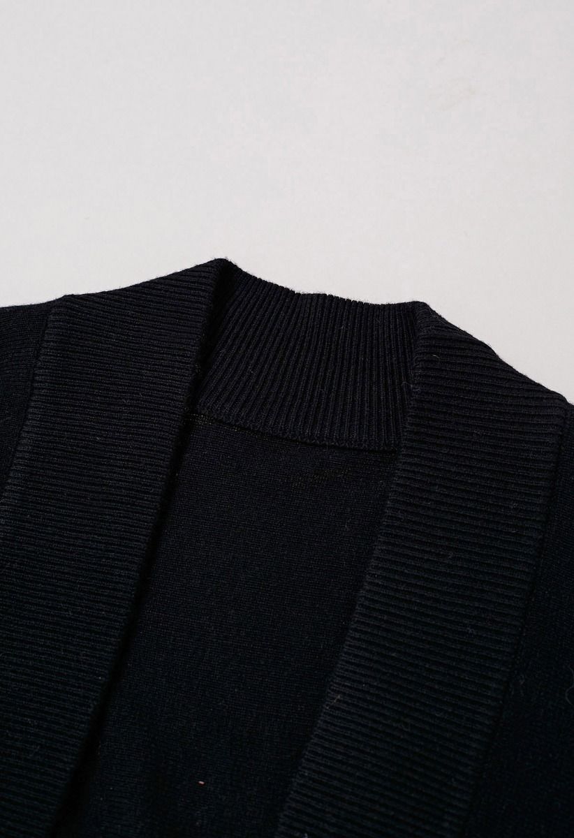 Minimalist Open-Front Ribbed Edge Knit Cardigan in Black