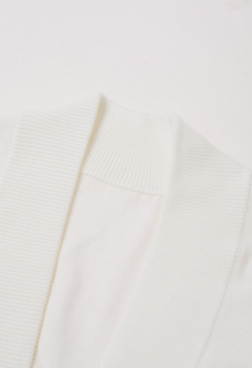 Minimalist Open-Front Ribbed Edge Knit Cardigan in White