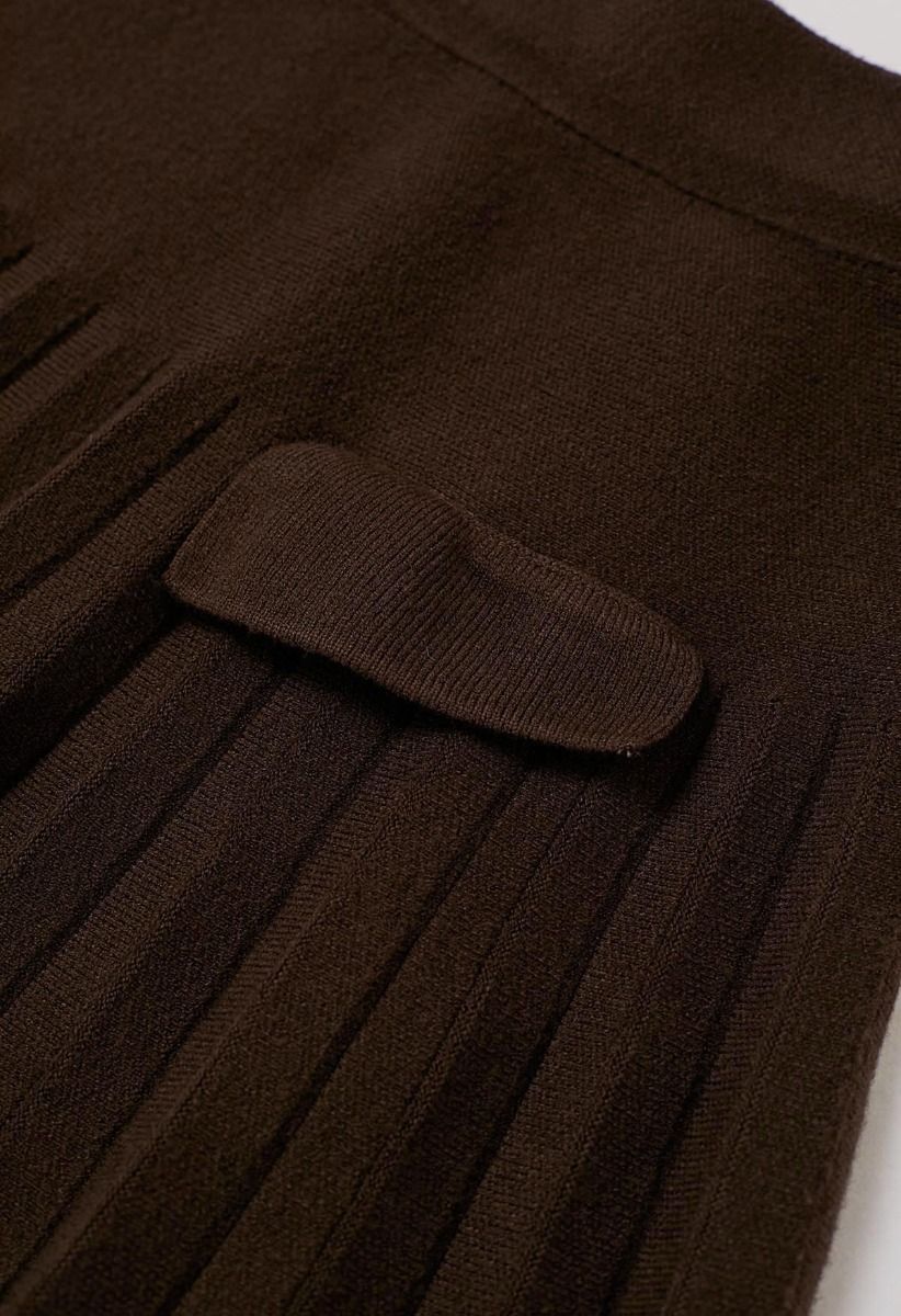 Decorative Pocket Pleated Knit Mini Skirt in Brown