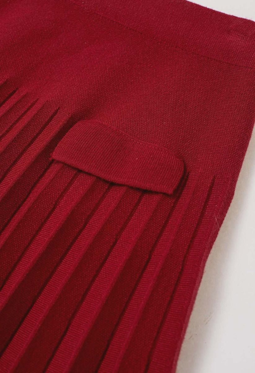 Decorative Pocket Pleated Knit Mini Skirt in Red