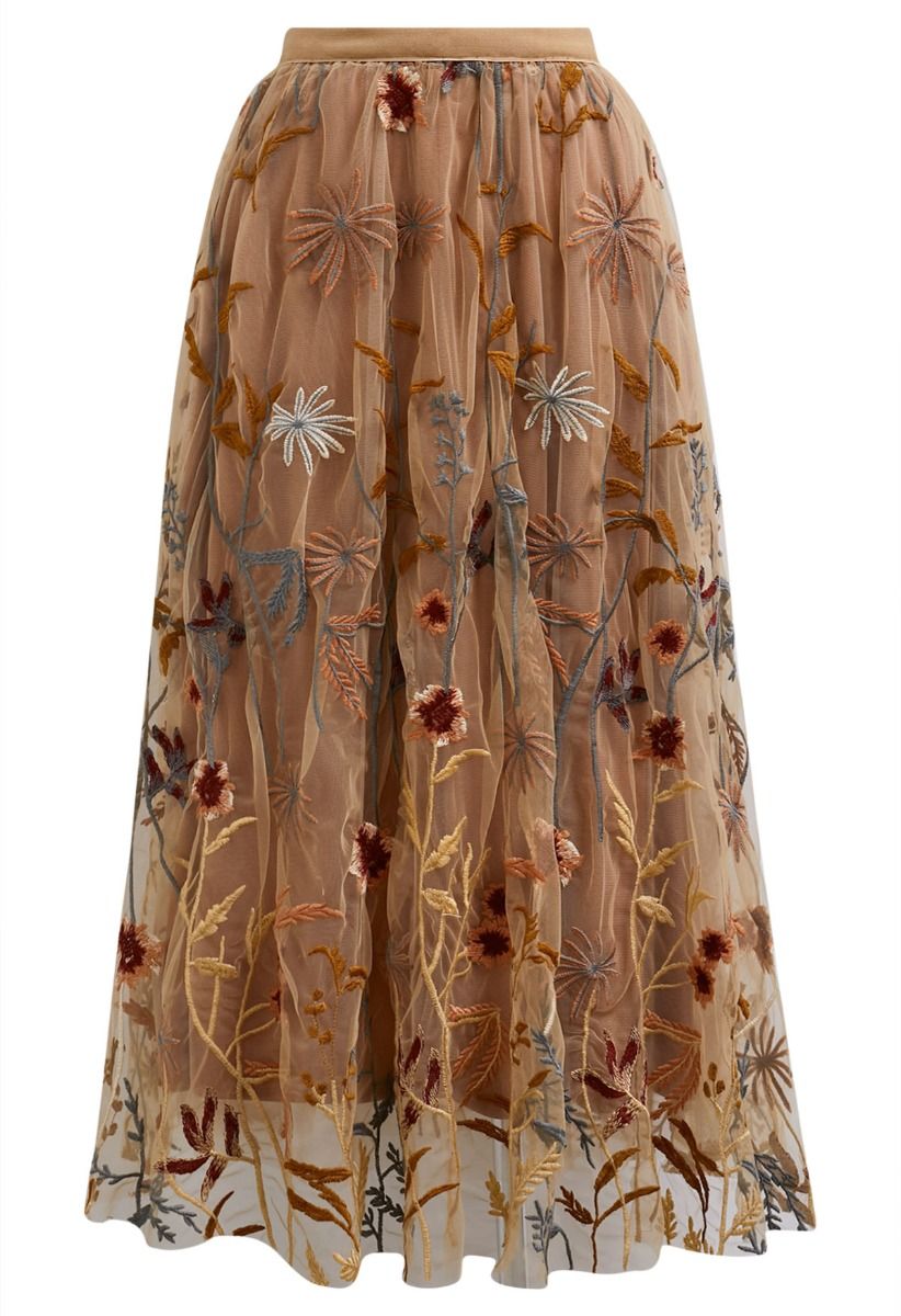 Whimsical Flowers Embroidered Mesh Tulle Midi Skirt in Camel