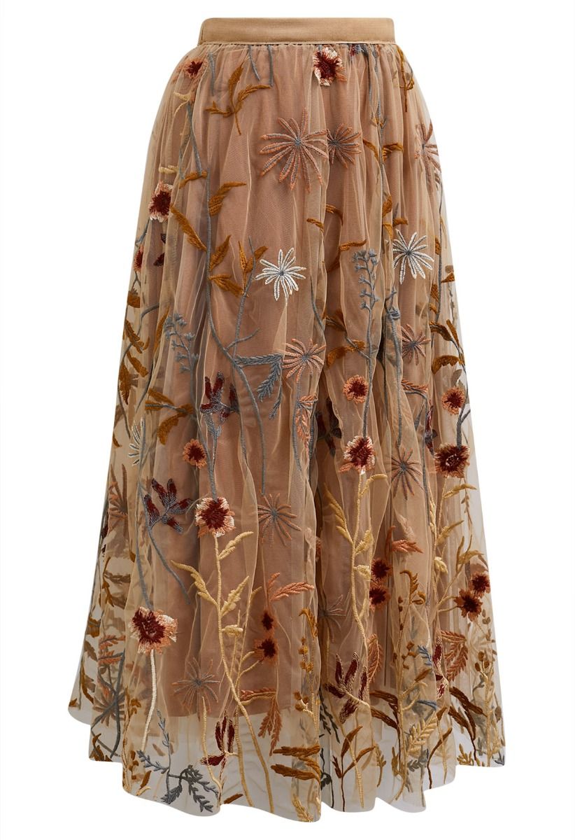 Whimsical Flowers Embroidered Mesh Tulle Midi Skirt in Camel