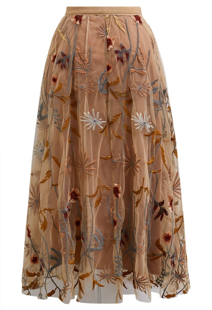 Whimsical Flowers Embroidered Mesh Tulle Midi Skirt in Camel