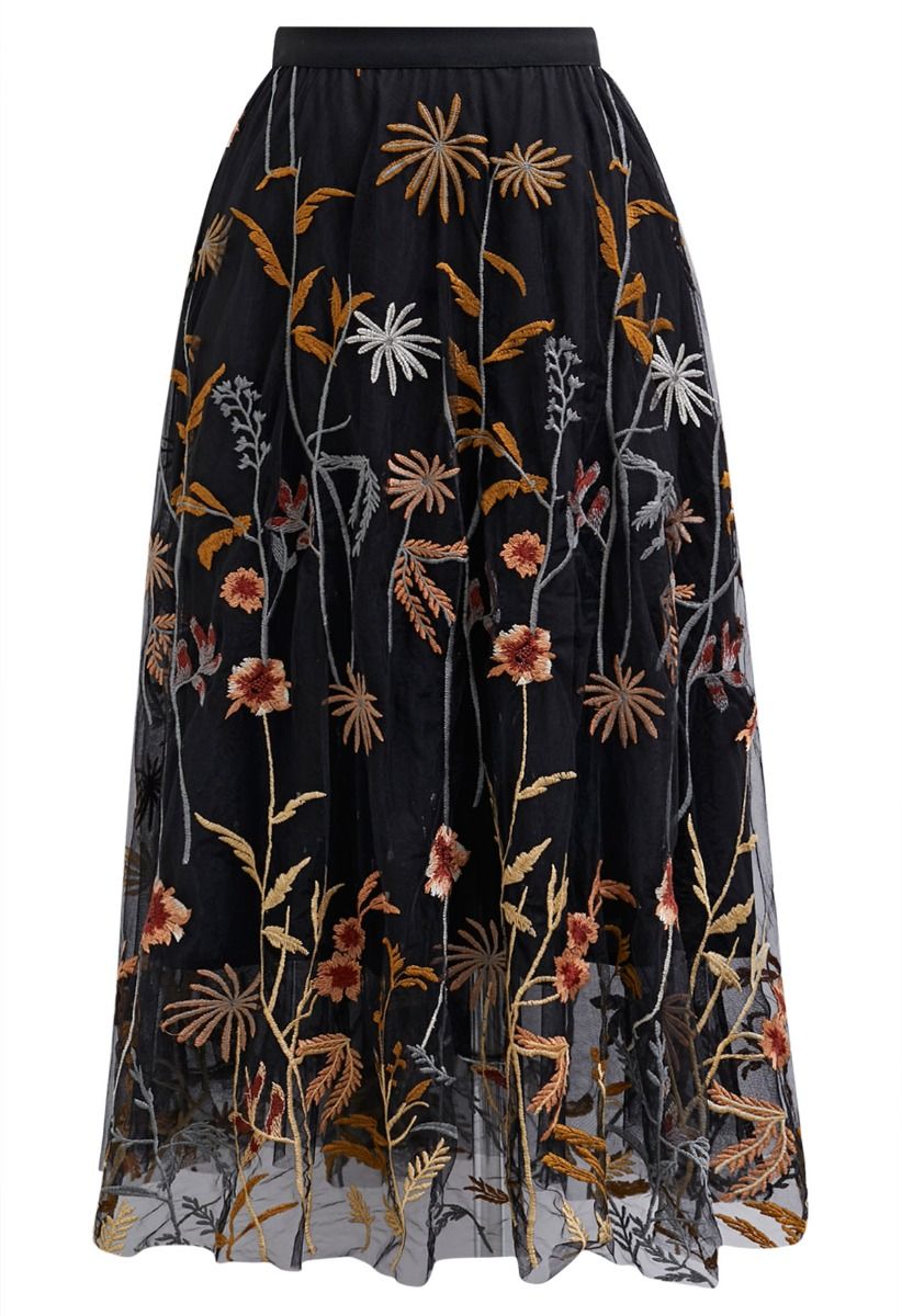 Whimsical Flowers Embroidered Mesh Tulle Midi Skirt in Black