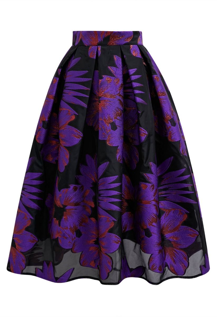 Enticing Floral Jacquard Pleated Organza Midi Skirt in Purple