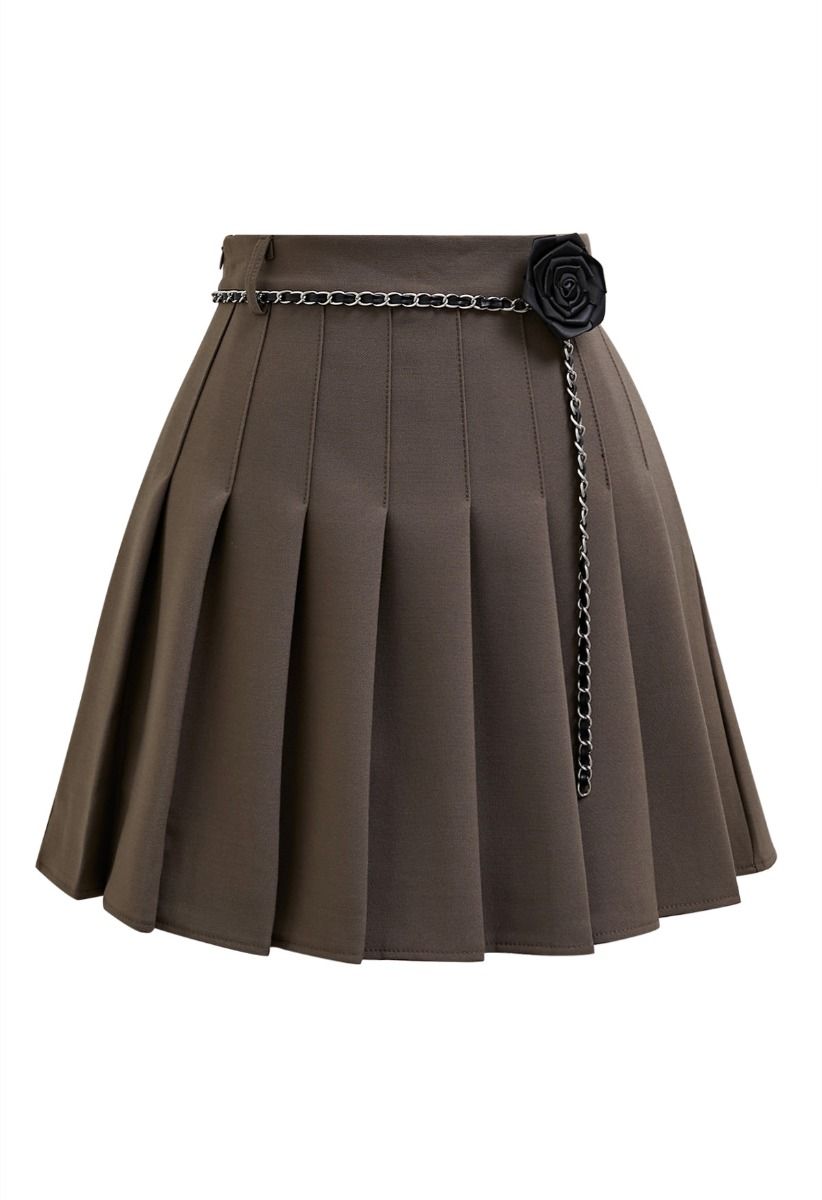 Rose Brooch Chain Belt Pleats Mini Skirt in Brown