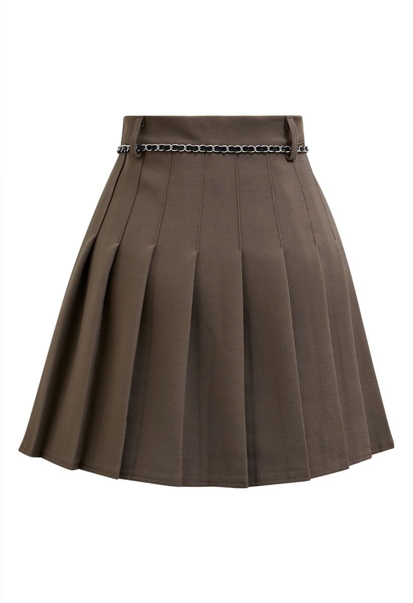 Rose Brooch Chain Belt Pleats Mini Skirt in Brown