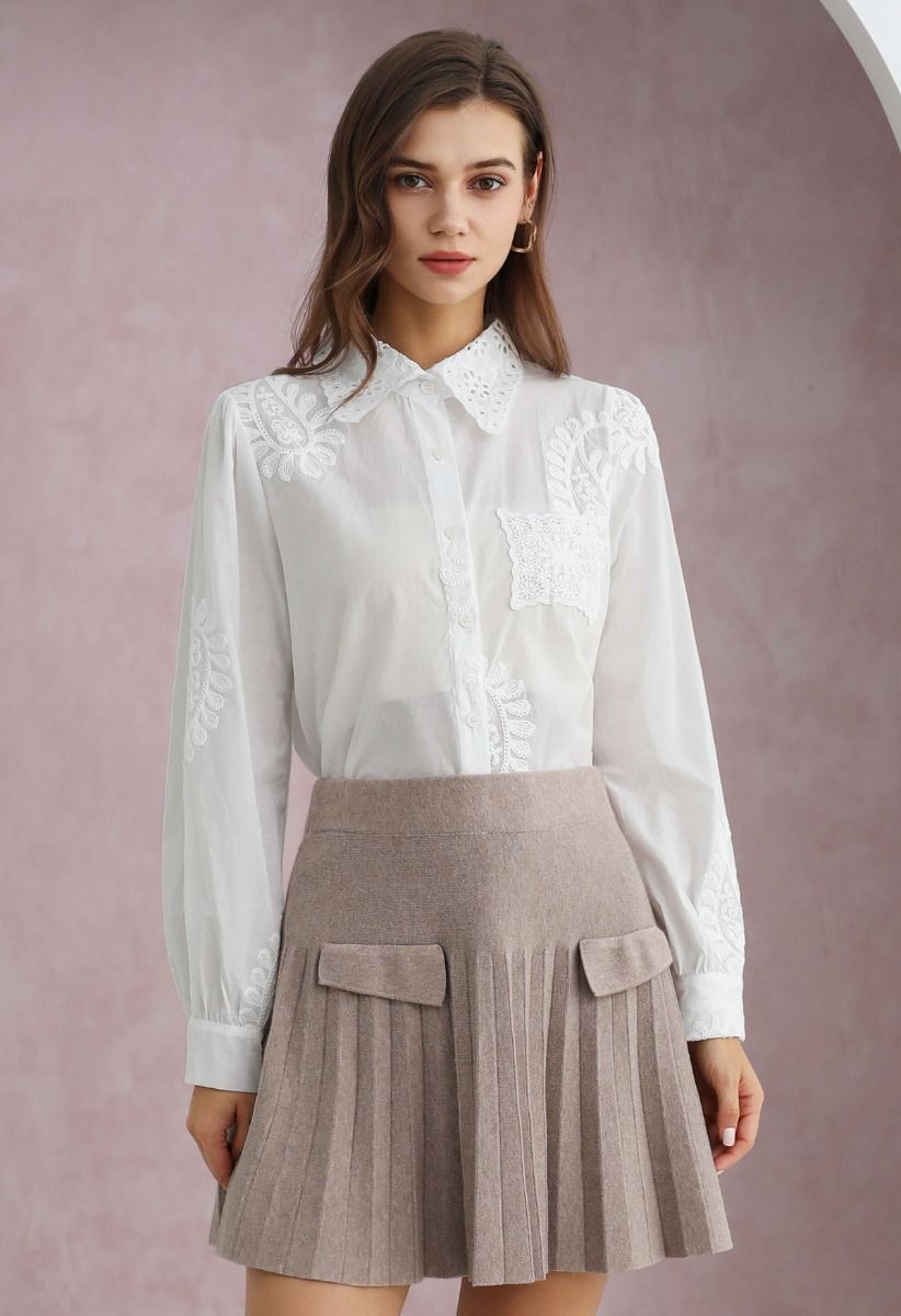 Paisley-Inspired Floral Embroidery Button-Up Shirt in White