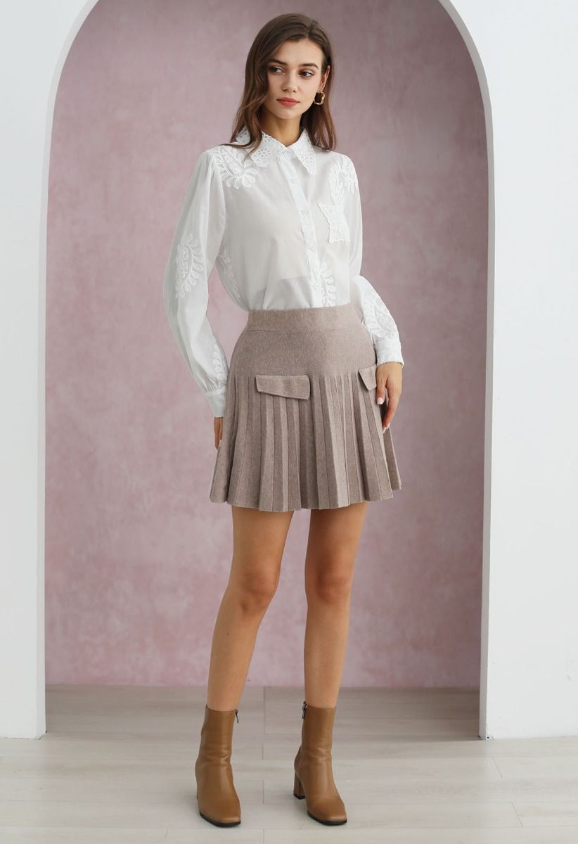 Decorative Pocket Pleated Knit Mini Skirt in Sand