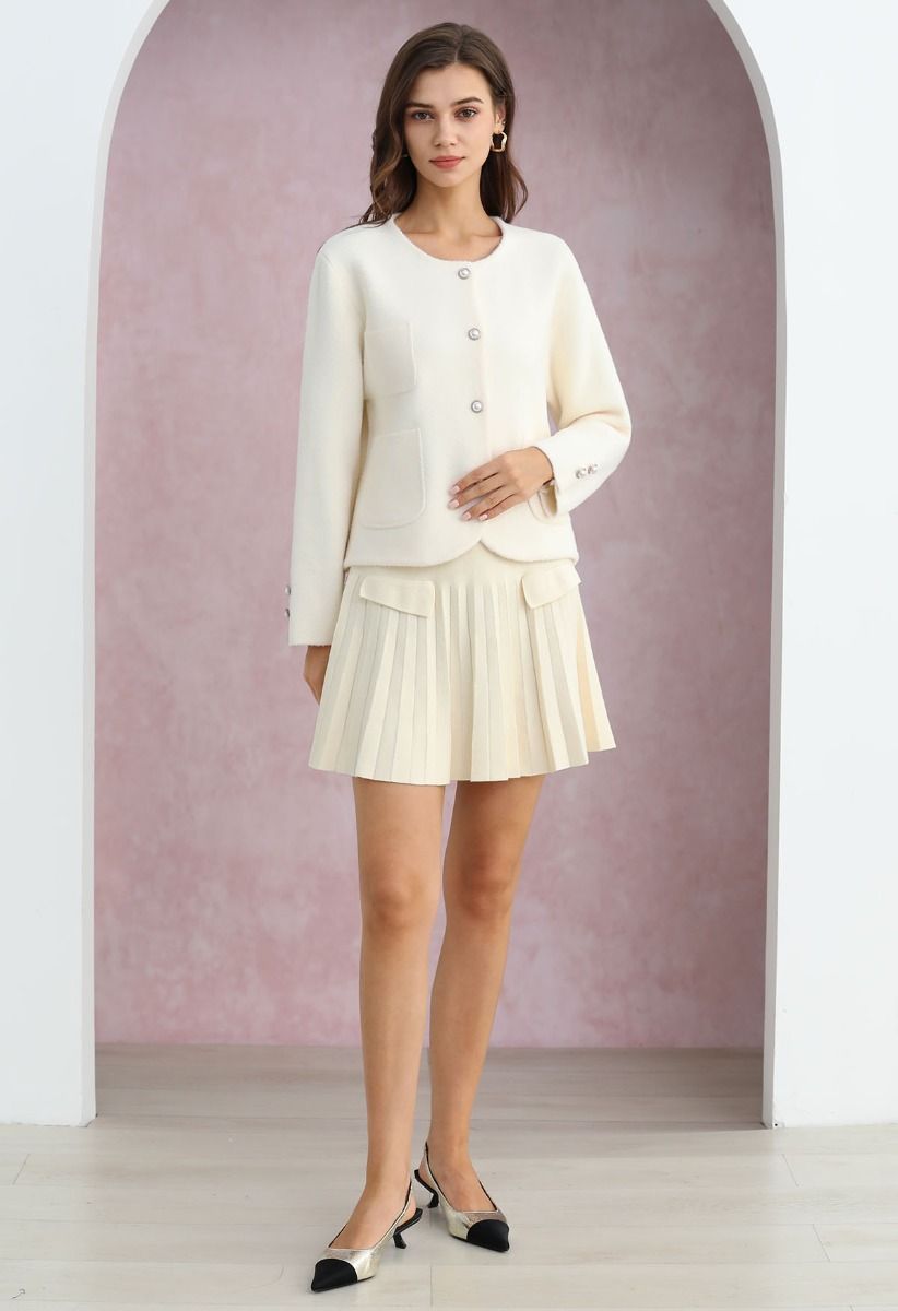 Sweetly Patch Pocket Pearly Button Knit Cardigan in Cream