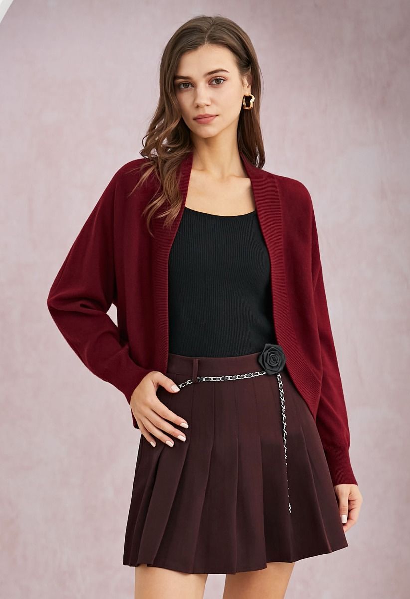 Minimalist Open-Front Ribbed Edge Knit Cardigan in Red