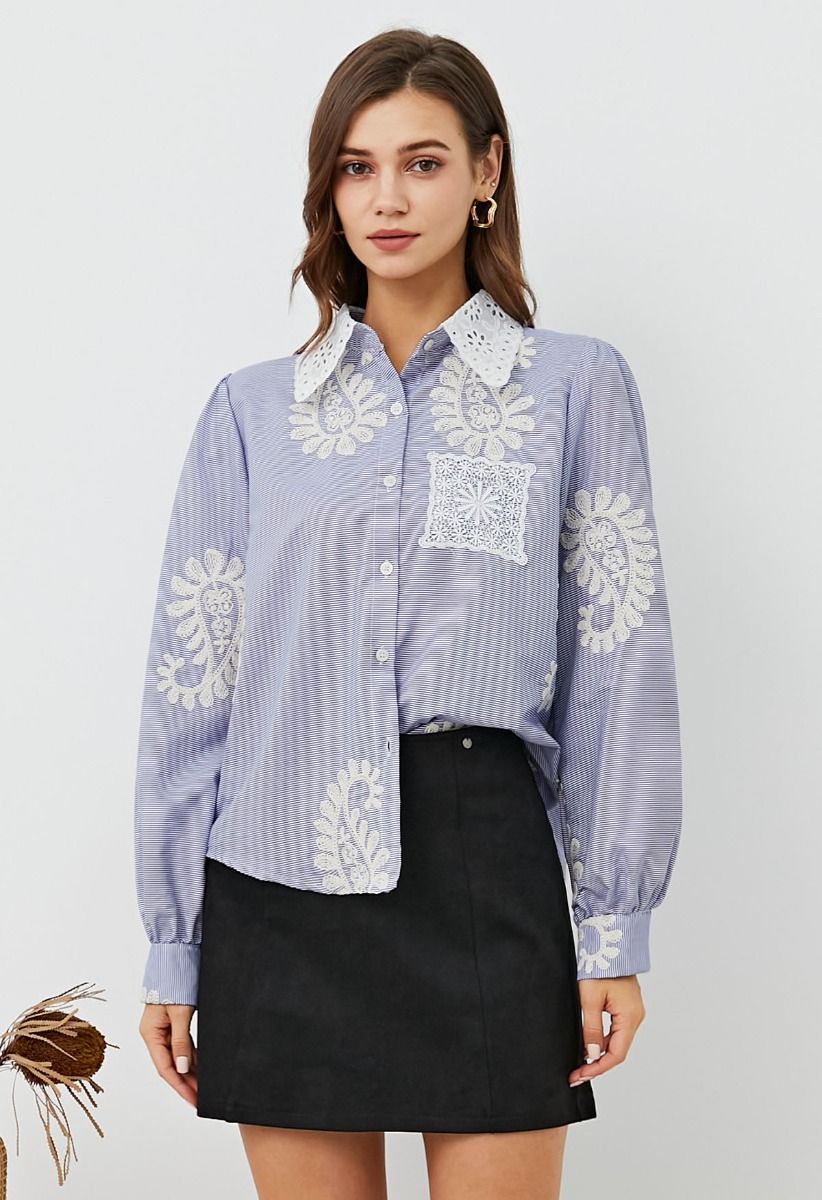 Paisley-Inspired Floral Embroidery Button-Up Shirt in Blue