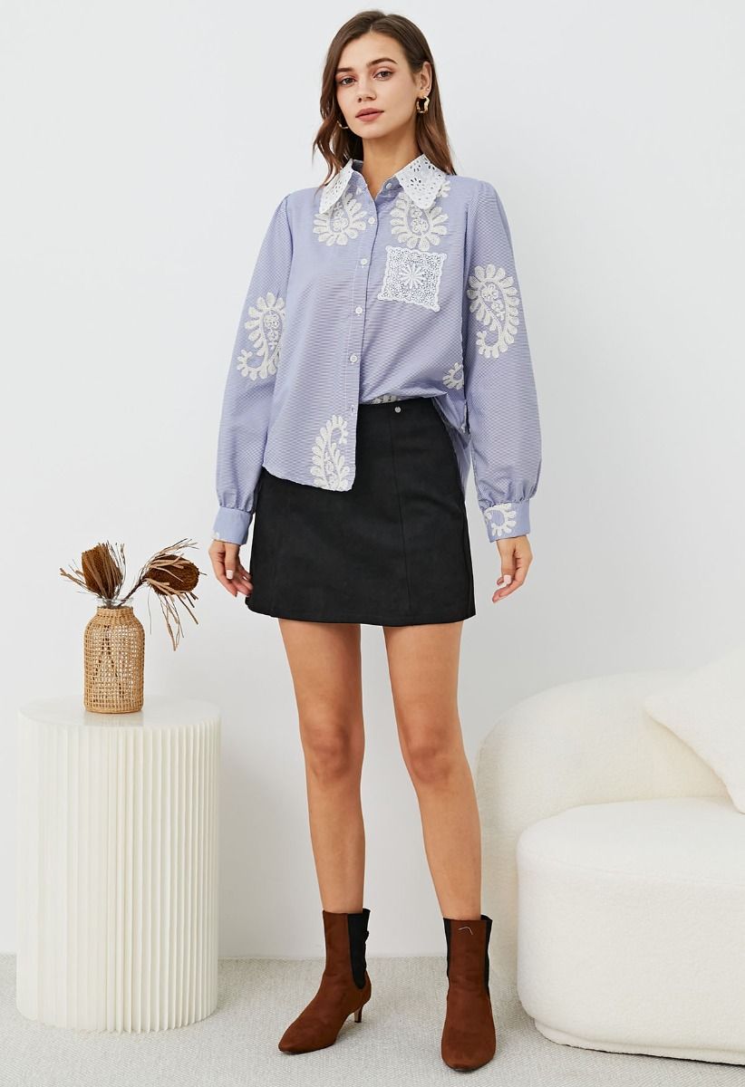 Paisley-Inspired Floral Embroidery Button-Up Shirt in Blue