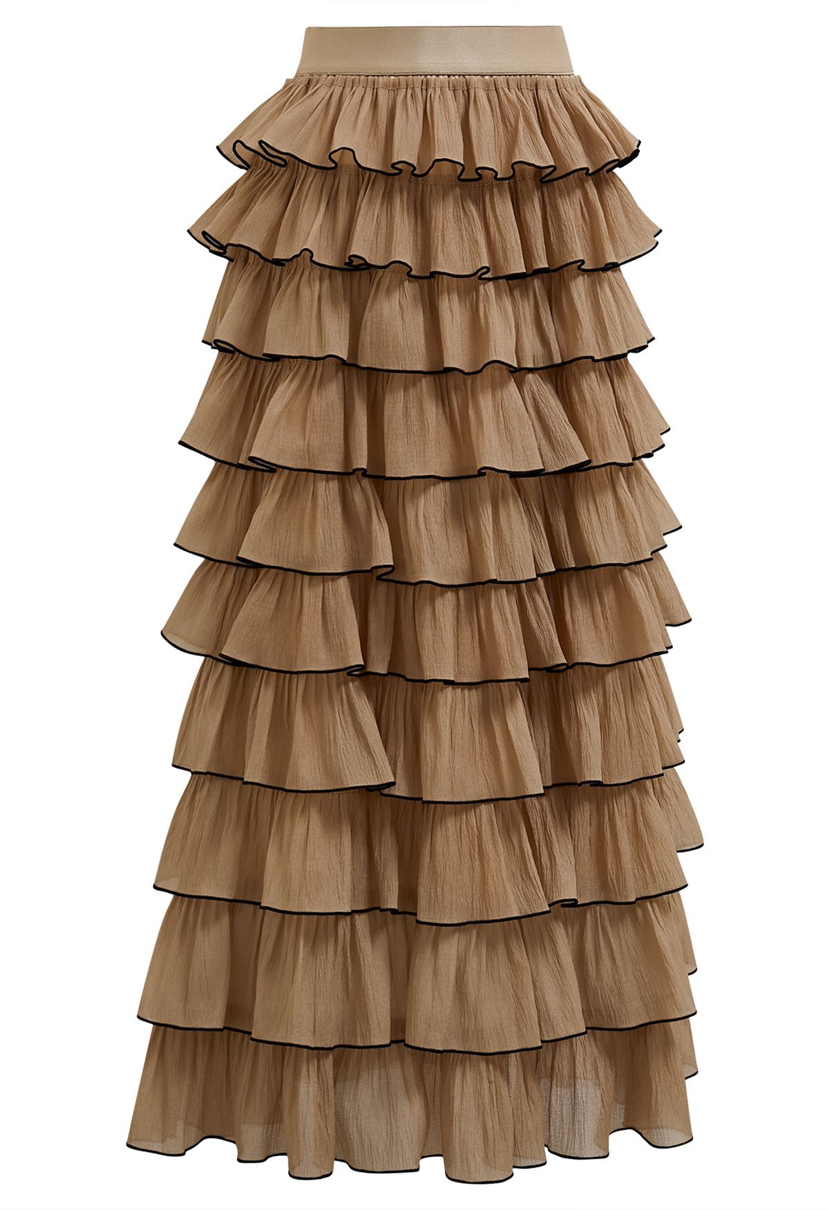 Contrasting Edges Tiered Ruffle Maxi Skirt in Caramel