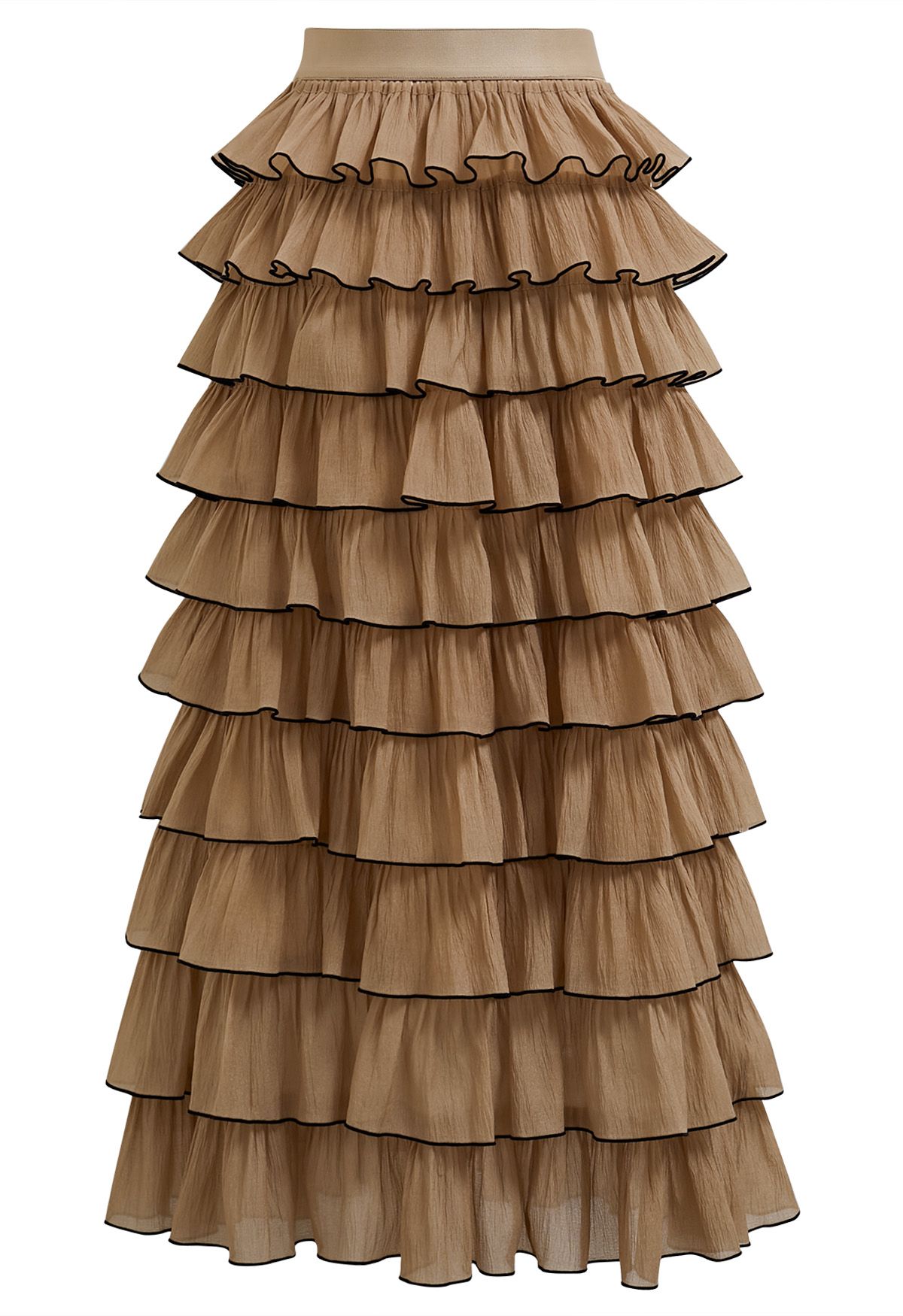 Contrasting Edges Tiered Ruffle Maxi Skirt in Caramel