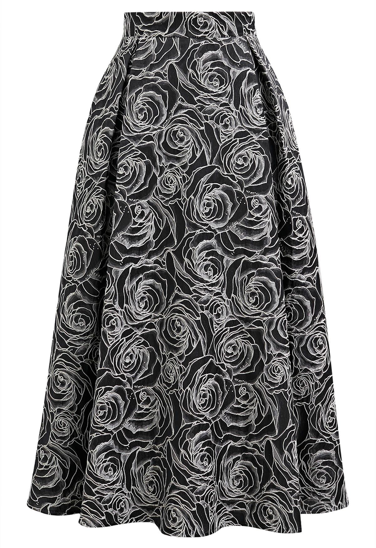 Delicate Roses Jacquard Embossed A-Line Midi Skirt in Black