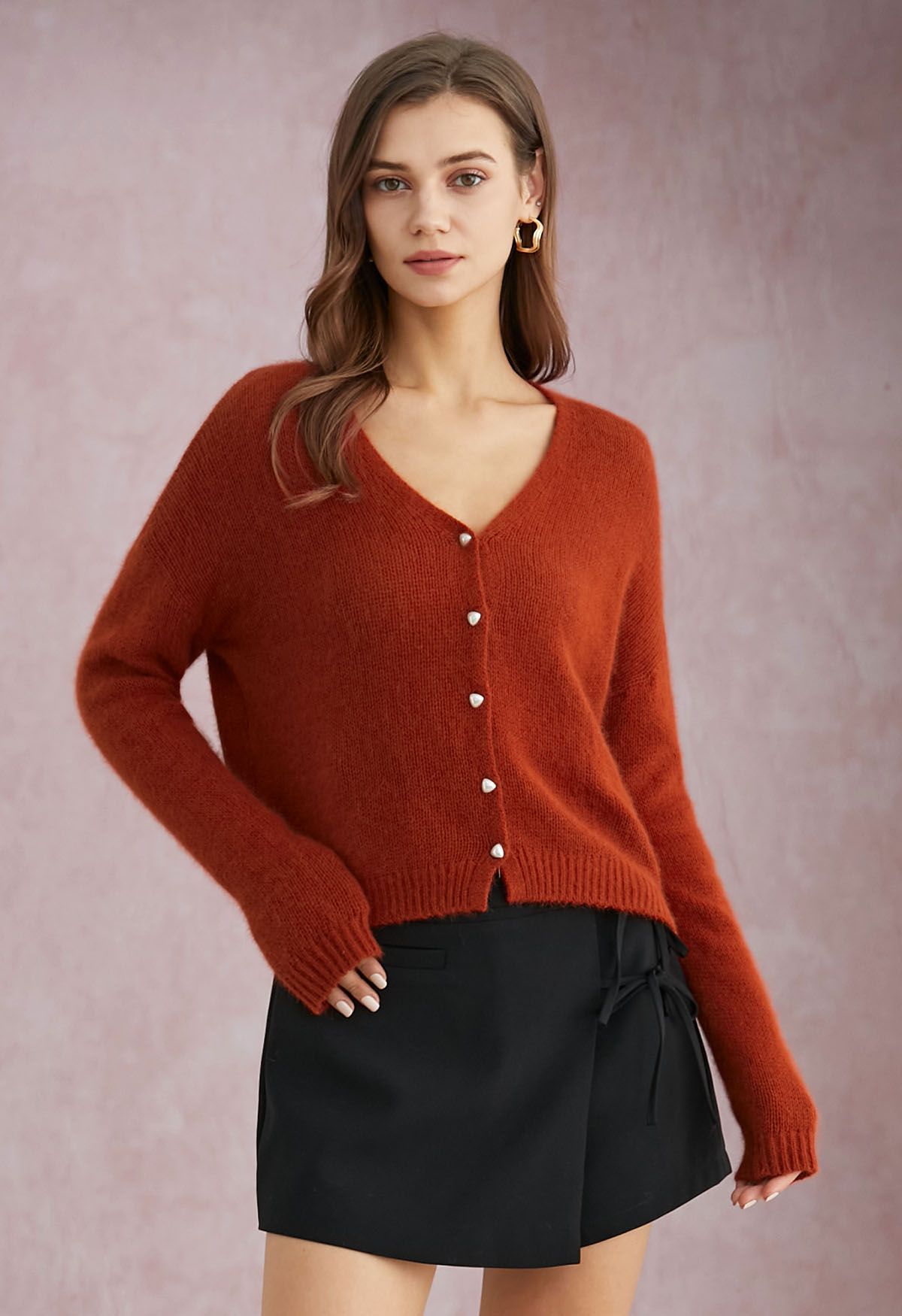 Solid Color Pearly Button Knit Cardigan in Red