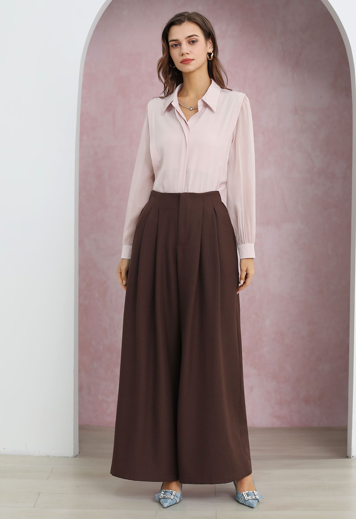 Heart Necklace V-Neck Satin Shirt in Dusty Pink