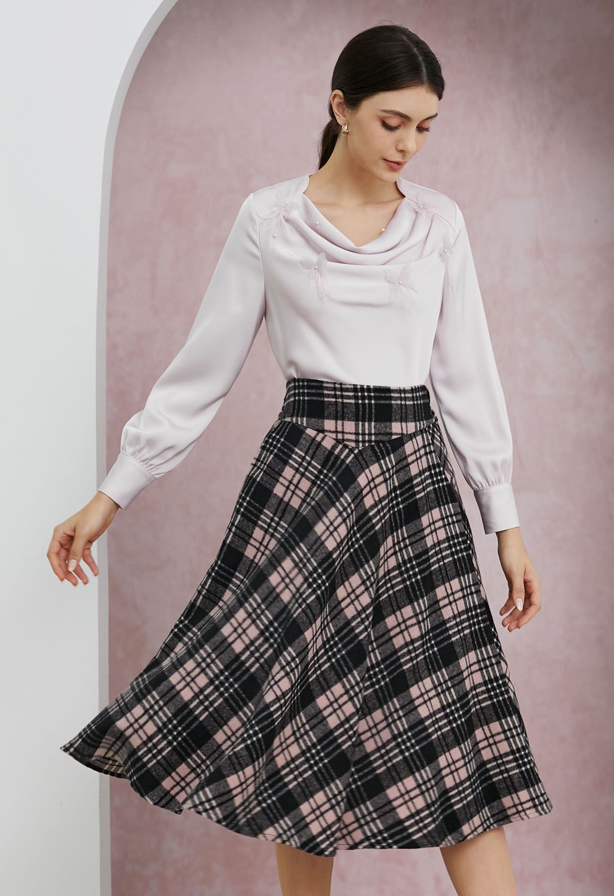 Sophisticated Plaid A-Line Midi Skirt in Pink