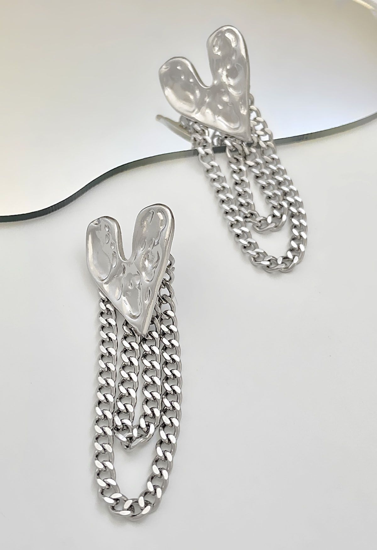 Heart Tassel Chain Earrings in Silver