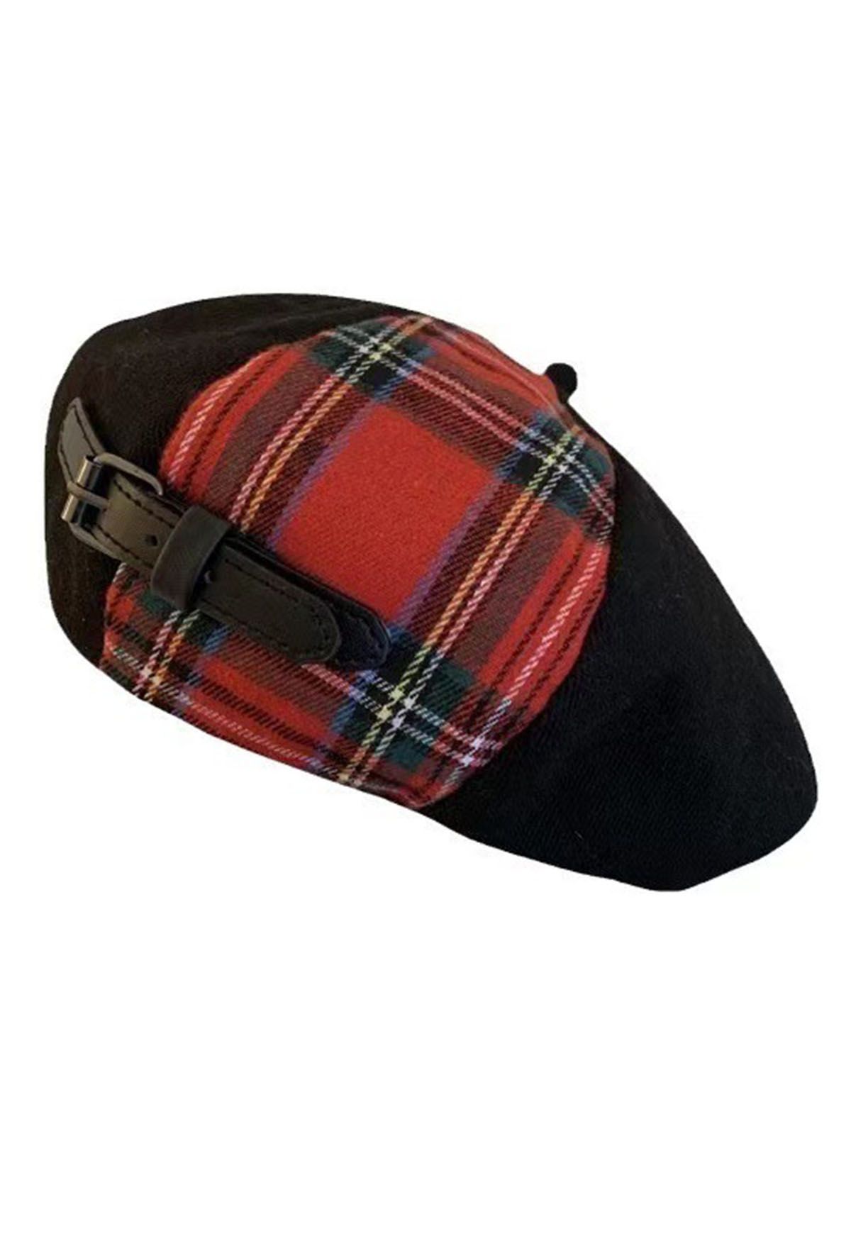 Color Block Red Plaid Belted Beret