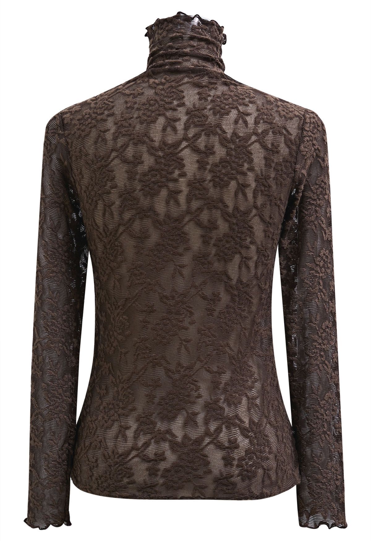 Floral Fantasy High Neck Mesh Long-Sleeve Top in Brown