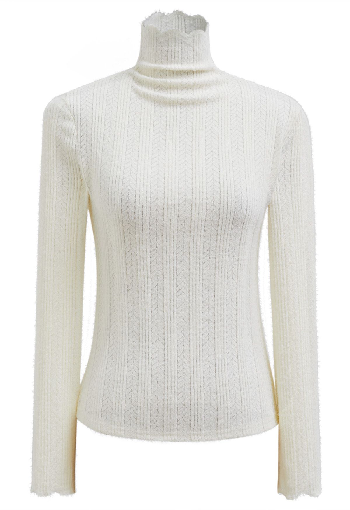 Fuzzy Ribbed Texture High Neck Top in White