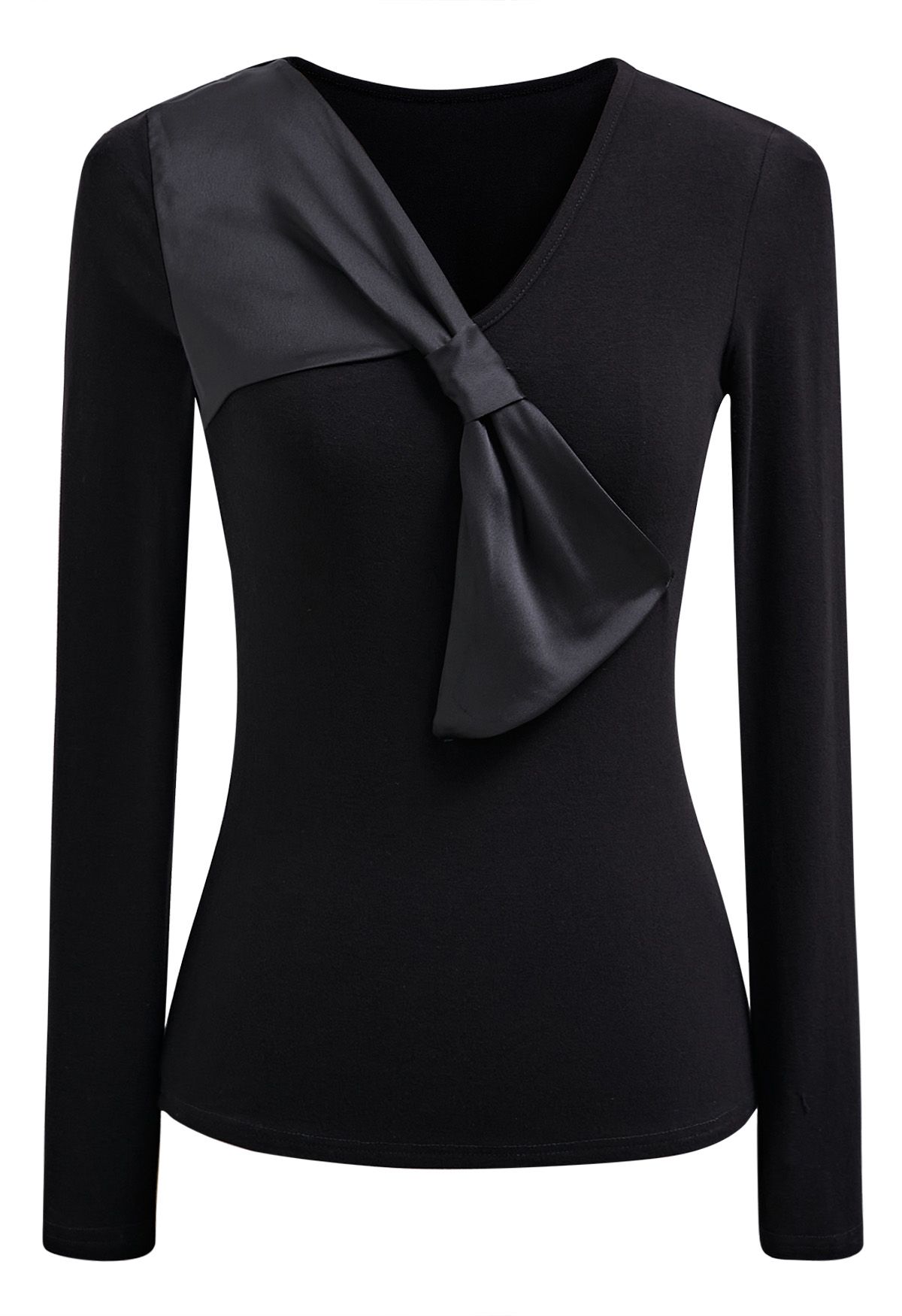 Satin Bowknot Front V-Neck Fitted Top