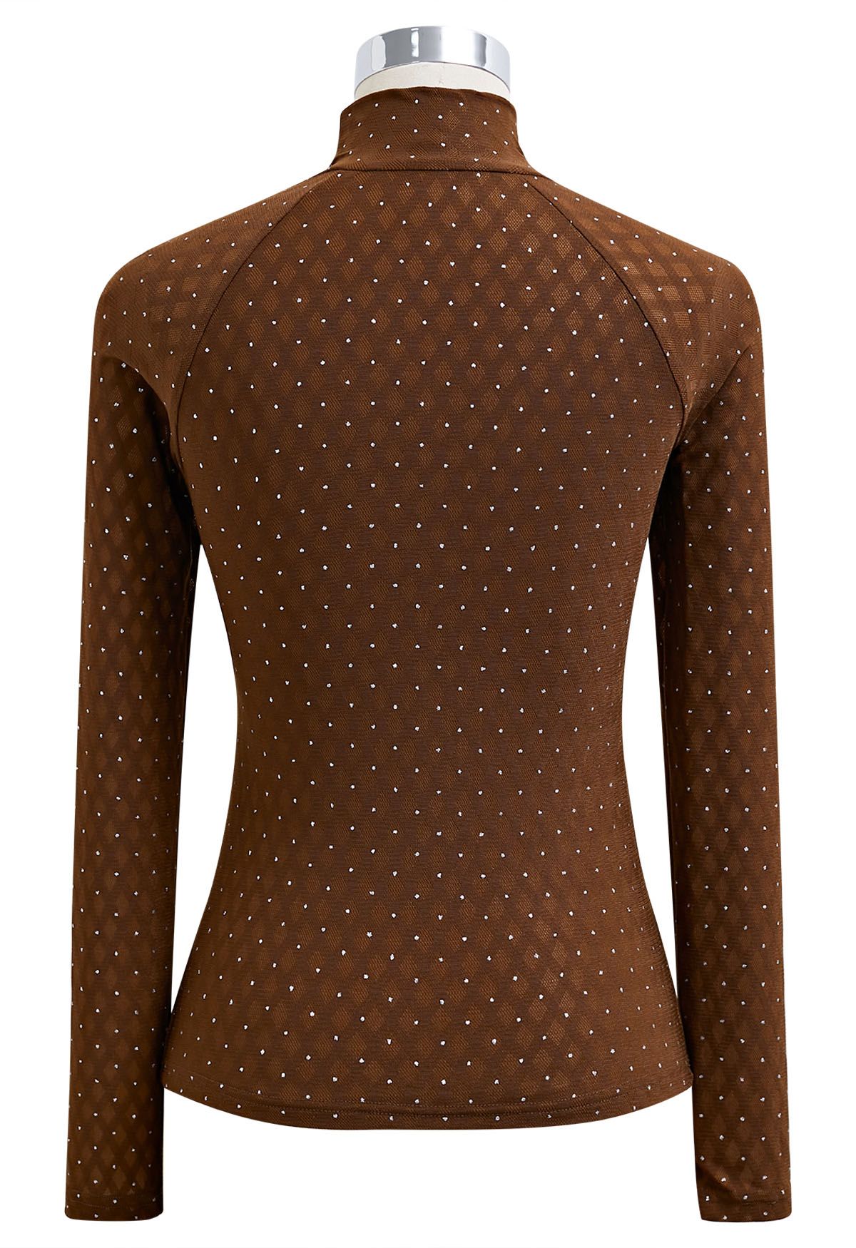 Shimmer Dotted Twist Front Cutout Mock Neck Top in Caramel